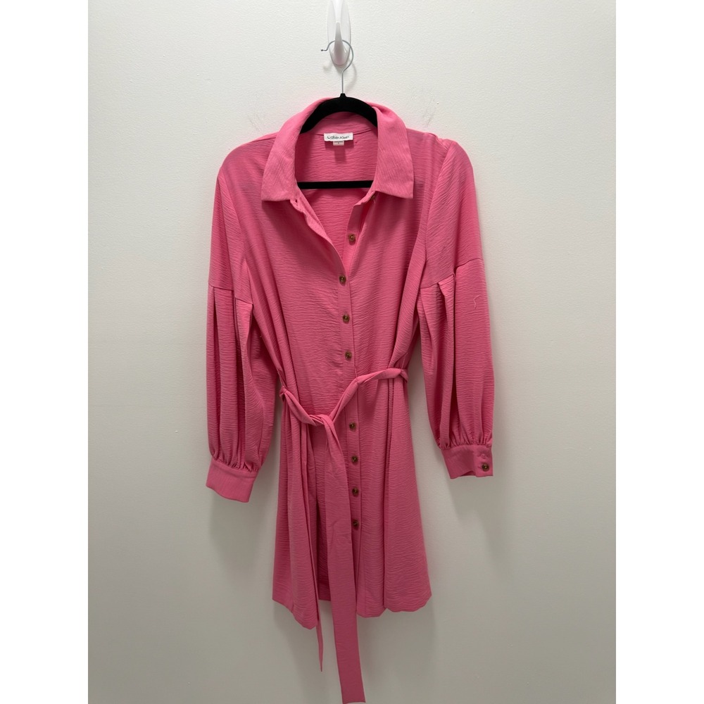 Calvin Klein Pink Textured Balloon Sleeve Button Down Shirt Dress Size 8